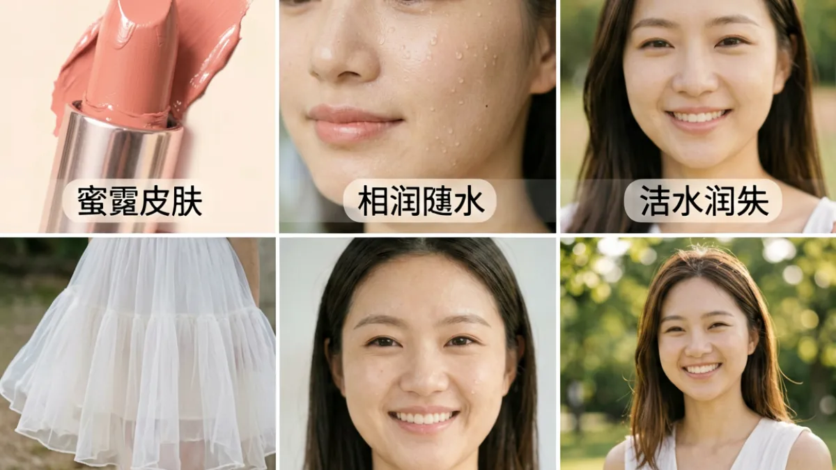 美丽小蜜桃风格五大特点的对比展示，包括粉橘色调、水润质感、轻盈服饰和自然光氛围的综合呈现
