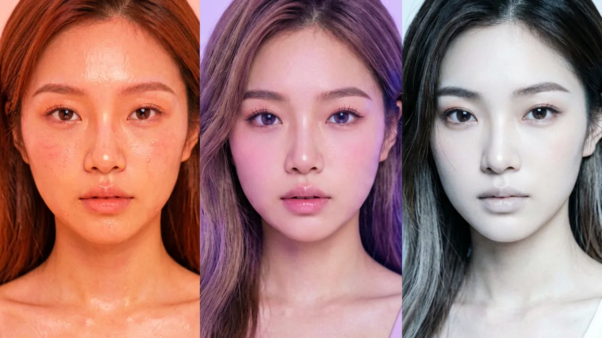 三种不同风格的对比示意图，从左到右依次展示美丽小蜜桃风格、甜妹软妹风和清冷高冷风的色调与质感差异
