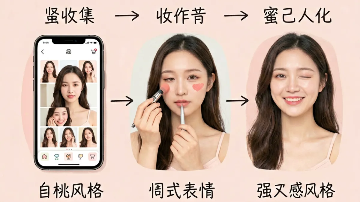 新手学习美丽小蜜桃风格的实践步骤示意图，展示从参考图收集到妆容实践再到逐步形成个人风格的完整路径