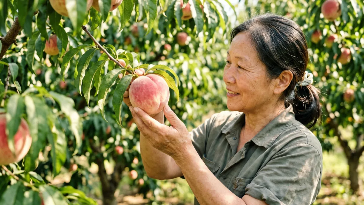 果农在桃园中检查美丽小蜜桃挂果情况，阳光透过枝叶照在成熟的粉色果实上，展现丰收场景